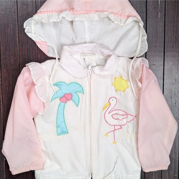 Vintage Jacket 80s 90s Baby Girl 3T Pink Flamingo Palm Tree Applique Hood White - Picture 1 of 4